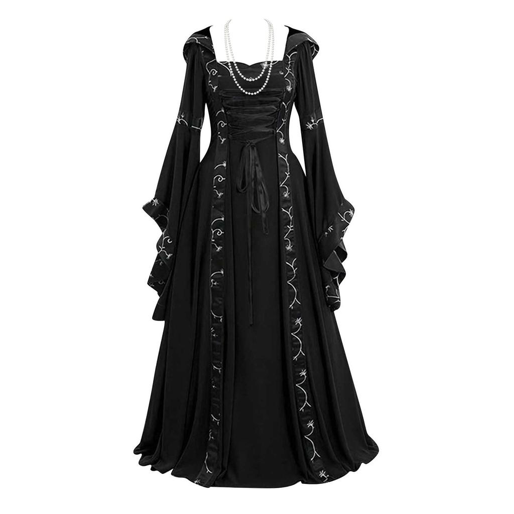 Damen Gothic Rüschen Glockenärmel Korsett Halloween Kostüm Übergröße Kleid Off Shoulder Grafikdruck Halskettenbesatz