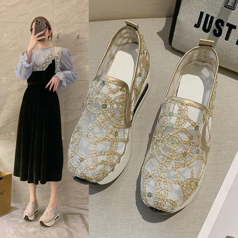 Women's fashion flat bottom inner height increase mesh yarn breathable casual single shoes support platform one piece