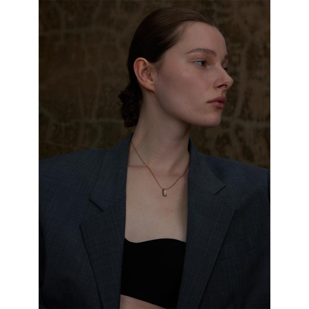 Yhpup Stylish Natural Stone Shell Square Rectangle Necklace Pendant Stainless Steel Water Resistant Charm Jewelry Gift