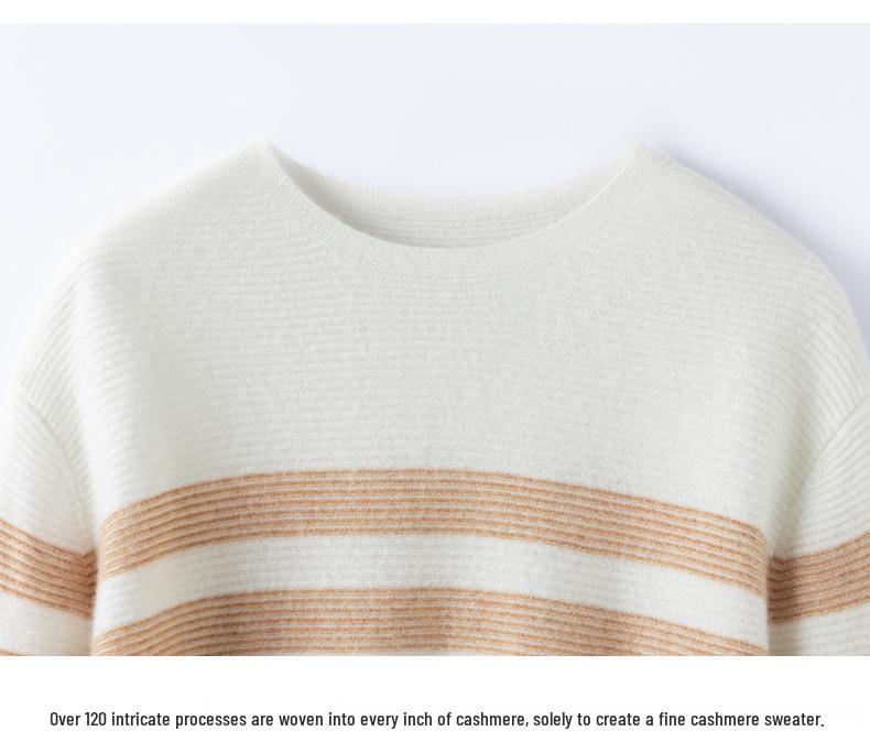 Women's Knit Striped Base Layer Shirt, Long Sleeve, Loose Fit, Warm, Versatile, Round Neck, Cashmere Sweater for Autumn/Winter.