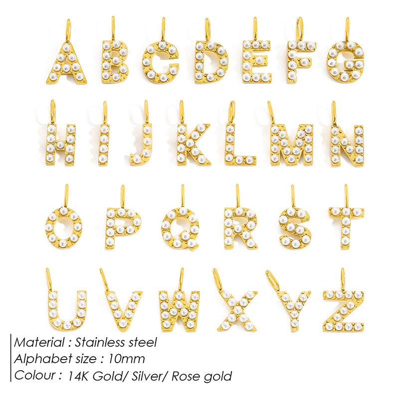 A-Z Alphabet 26 Letter Charms Set Heart Zircon Pearl Initial Letter Gold Plated Stainless Steel Pendants for DIY