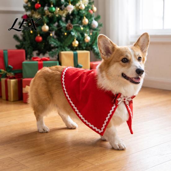 Puppy Christmas Costume Pet Cape with Bow, Red Cloak for Small Medium Dogs & Cats, Holiday Outfit White Wavy Trim, Festive Apparel Pets Dog