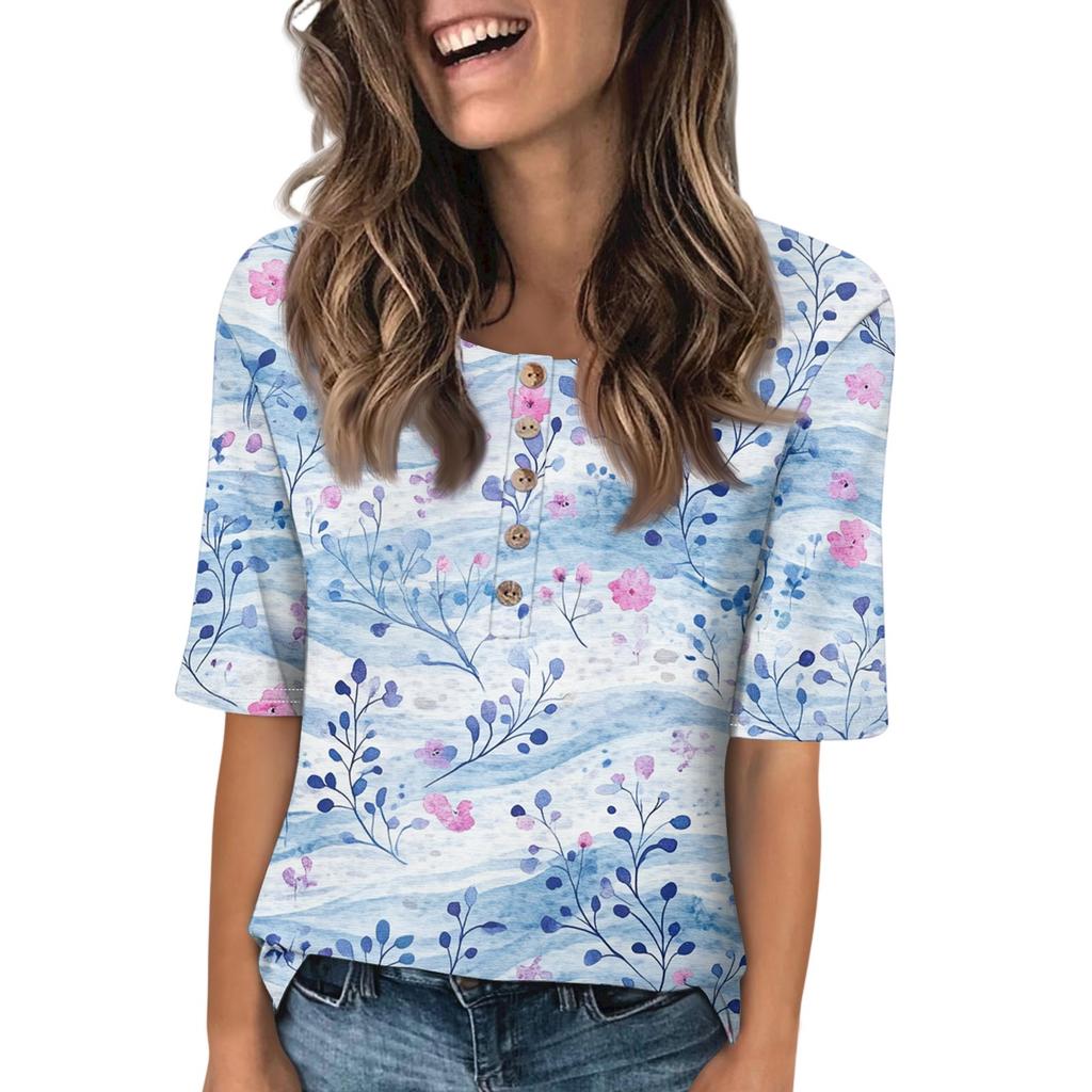 Dame Mote Trykket Rund Hals Knapp Halv Erm Løs Topp