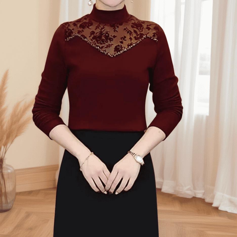 Women's Winter Lace Patchwork Plush Base Layer Top – Stylish, Slimming, Warm, and Fashionable.