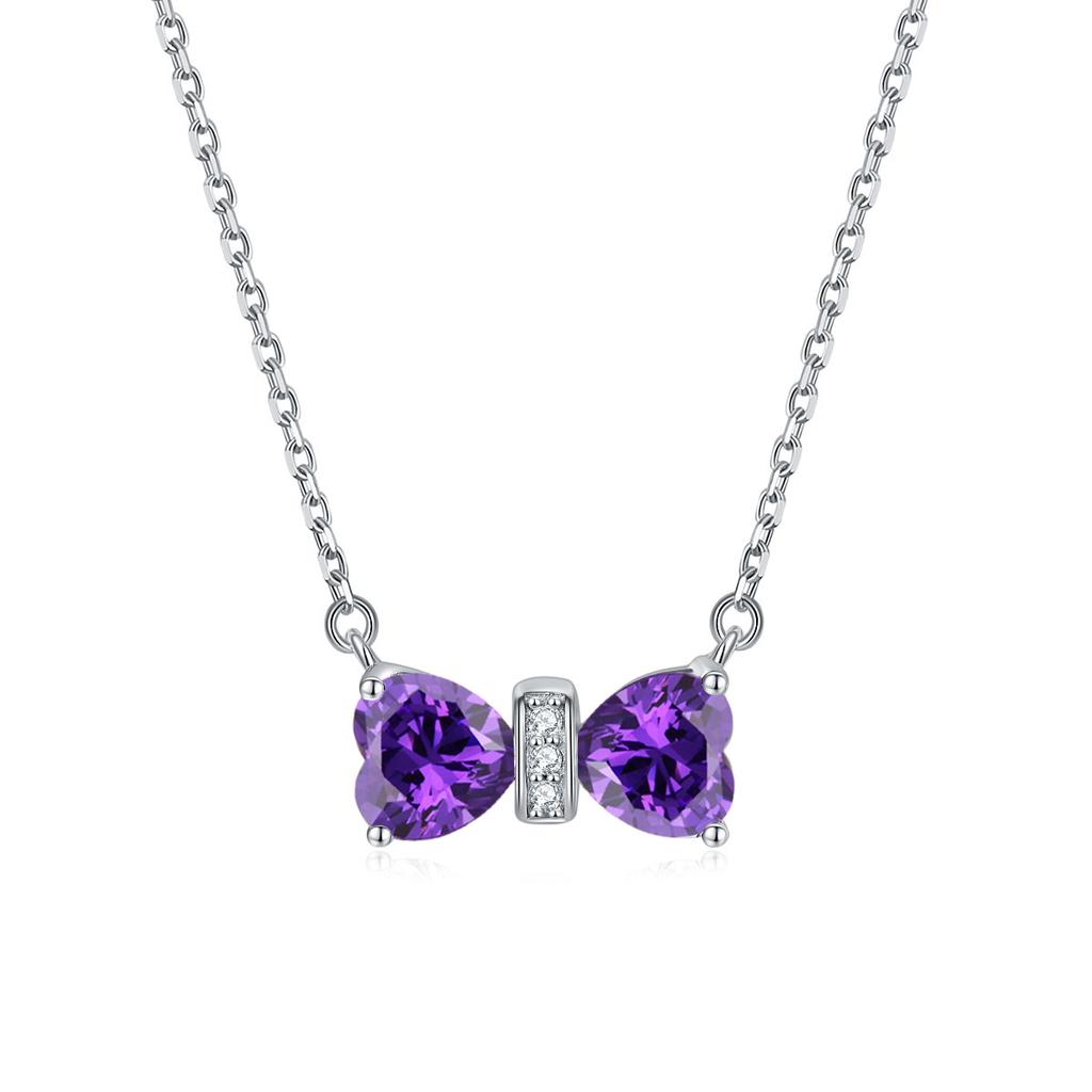 S925 Sterling Silver Necklace Cross-border Fashion Bow Pendant Female Heart-shaped Colored Treasure Necklace Simple Twelfth Birthday Stone