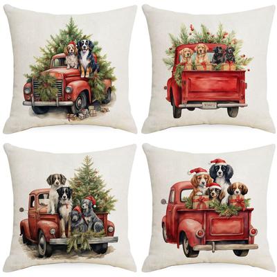 New Christmas Pillowcase Vintage Red Truck Cute Dog Christmas Tree Print Cushion Cover