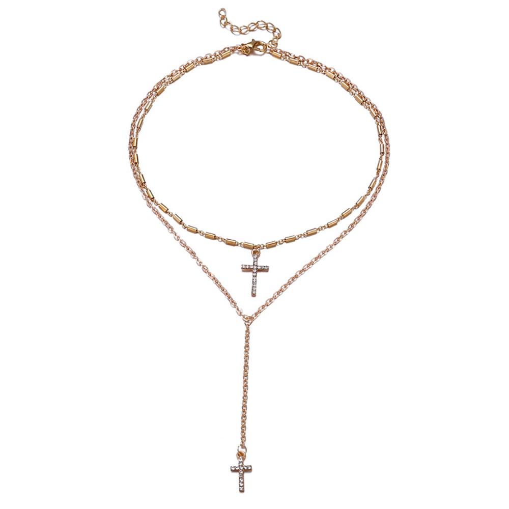 Fashion Gold-plate Crystal Cross Necklaces Pendants Boho Double Layered Necklace Catholic Religious Christian Statement Jewelry