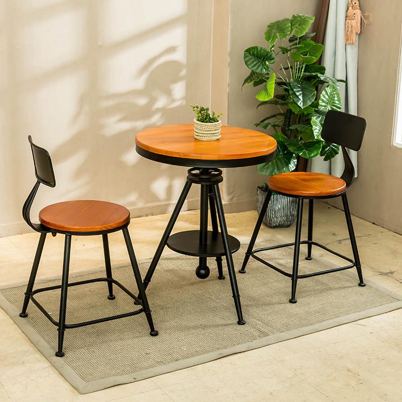 Retro American Solid Wood & Iron Bar Stool with Backrest