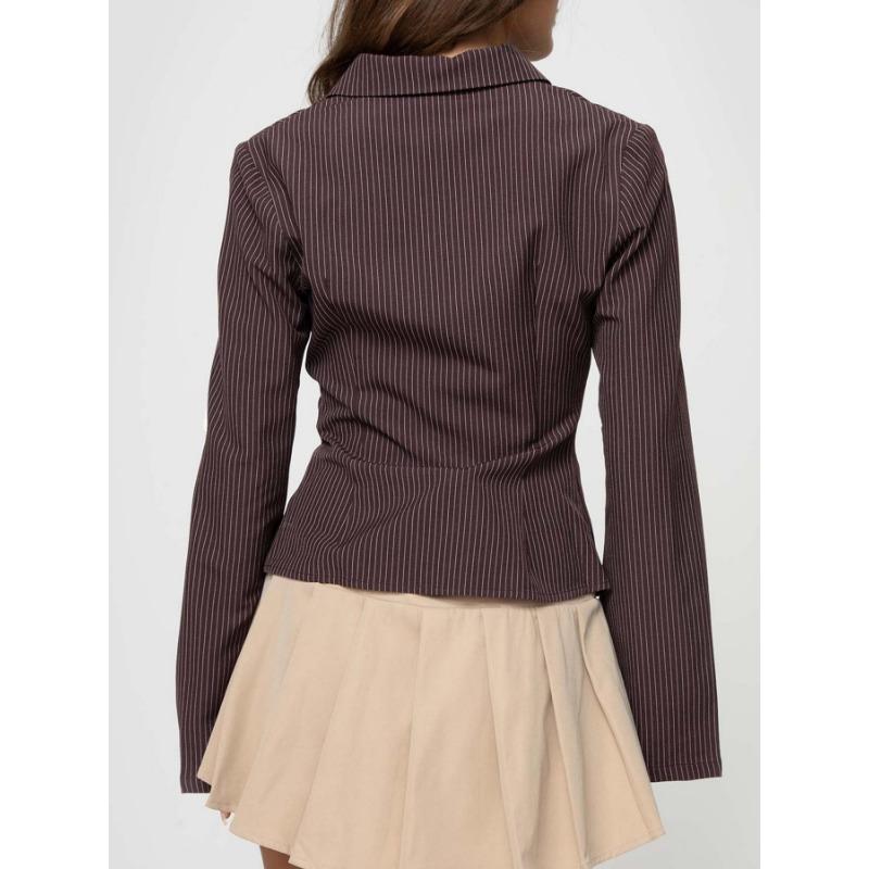 Mode Chemise Rayée Coupe Ajustée pour Femme Manches Longues Blouse Élégante Col de Chemise Bureau Décontracté Hauts Courts Simples Simples Printemps Été Streetwear Vêtements de Base
