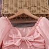 Children's Clothing New Autumn French Style Square Neck Long Sleeve Solid Color Waist Cinching Flared Dress for Girls