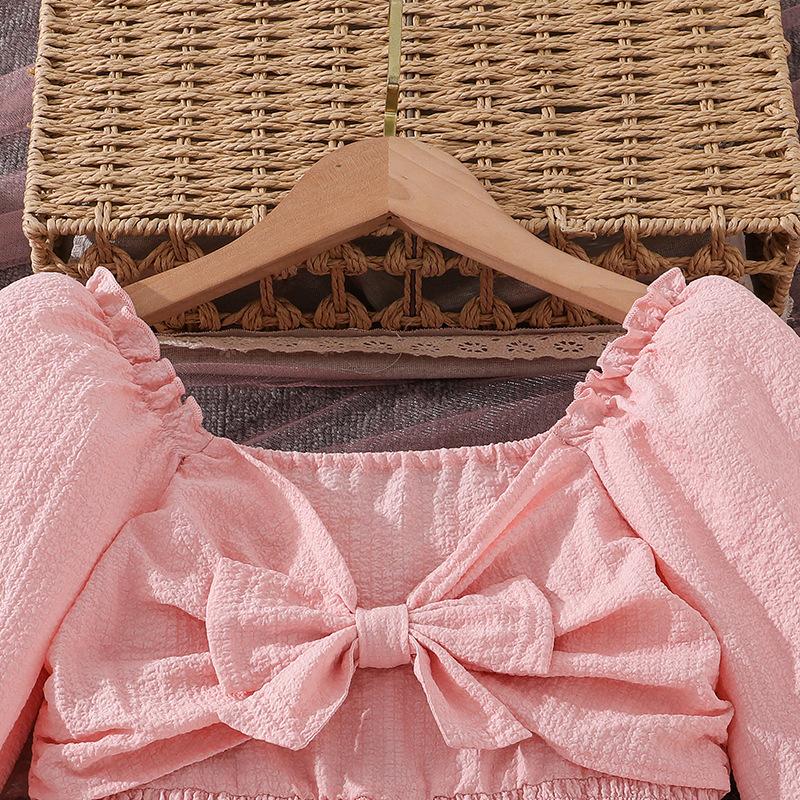 Dětské oblečení Nový podzim Francouzský styl Čtvercový výstřih Dlouhý rukáv Jednobarevné Stahování v pase Rozšířené šaty pro dívky