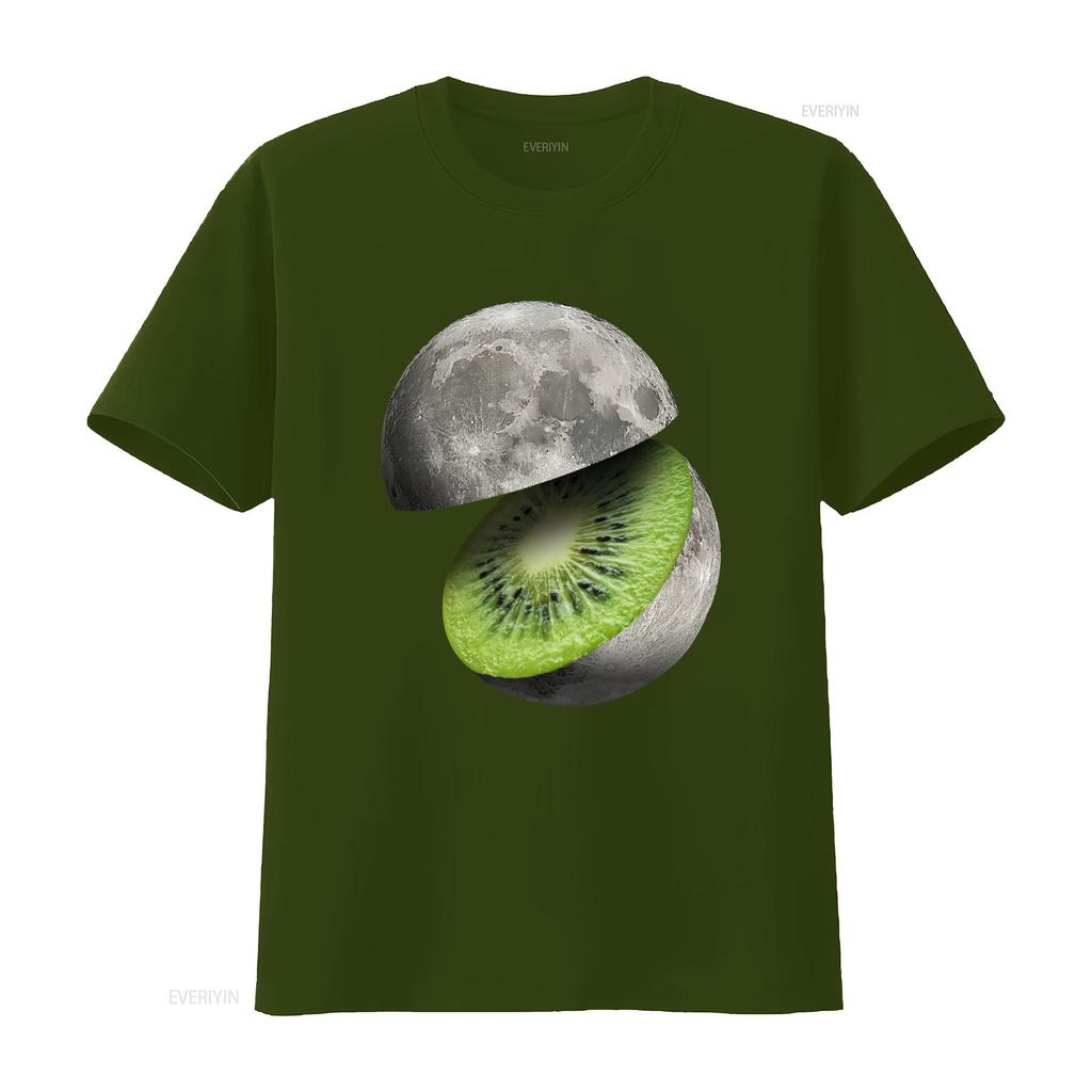 Moon Cut Kiwi Planet Space Fruit T Shirt for Adults Unique Astronomy Design vintage Washed Top For Everyday Wear Stretched