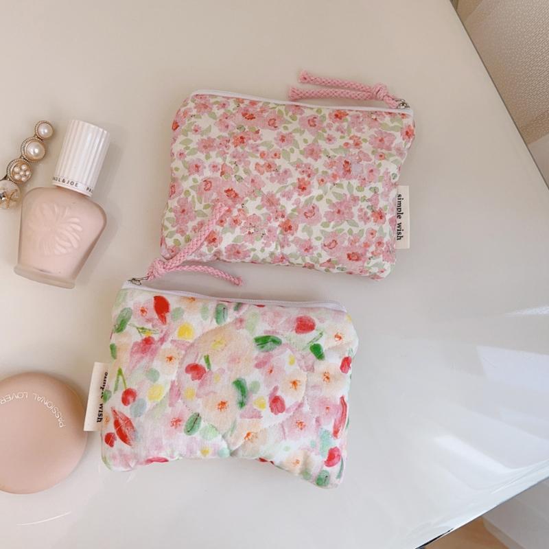 Elegant Flower Print Cosmetic Pouches Compact Cotton Storage Bag Makeup Bag For Lipstick And Essential