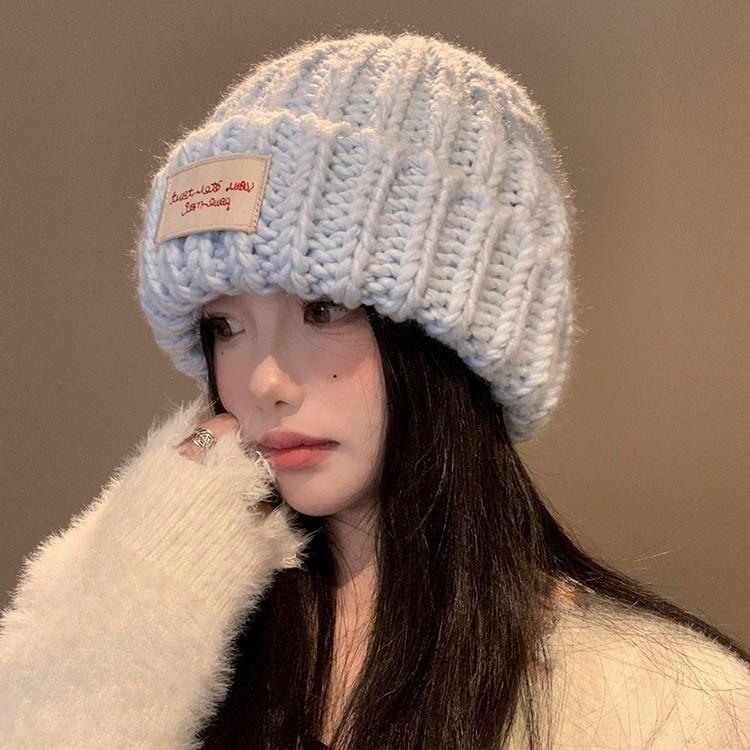 Big Head Circumference Patch, Blue Knitted Wool Hat, Women's Face In Autumn and Winter, Small Versatile Hat, Ear Protection, Cold Hat