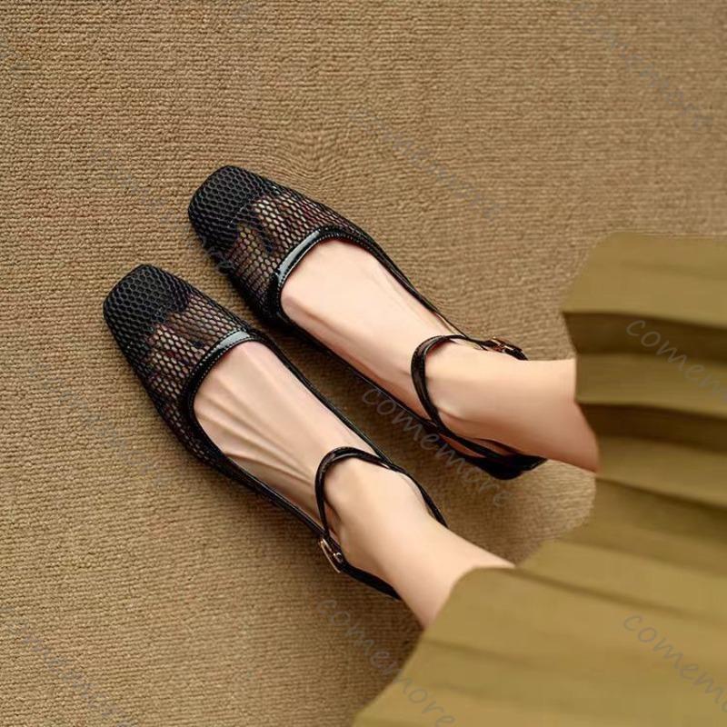 Fashion Comemore Summer Sandals Cover Toe Mesh Sandals for Women Chunky Heels Sandals Fashion Hollow Out Ladies Shoes Office Women Shoes