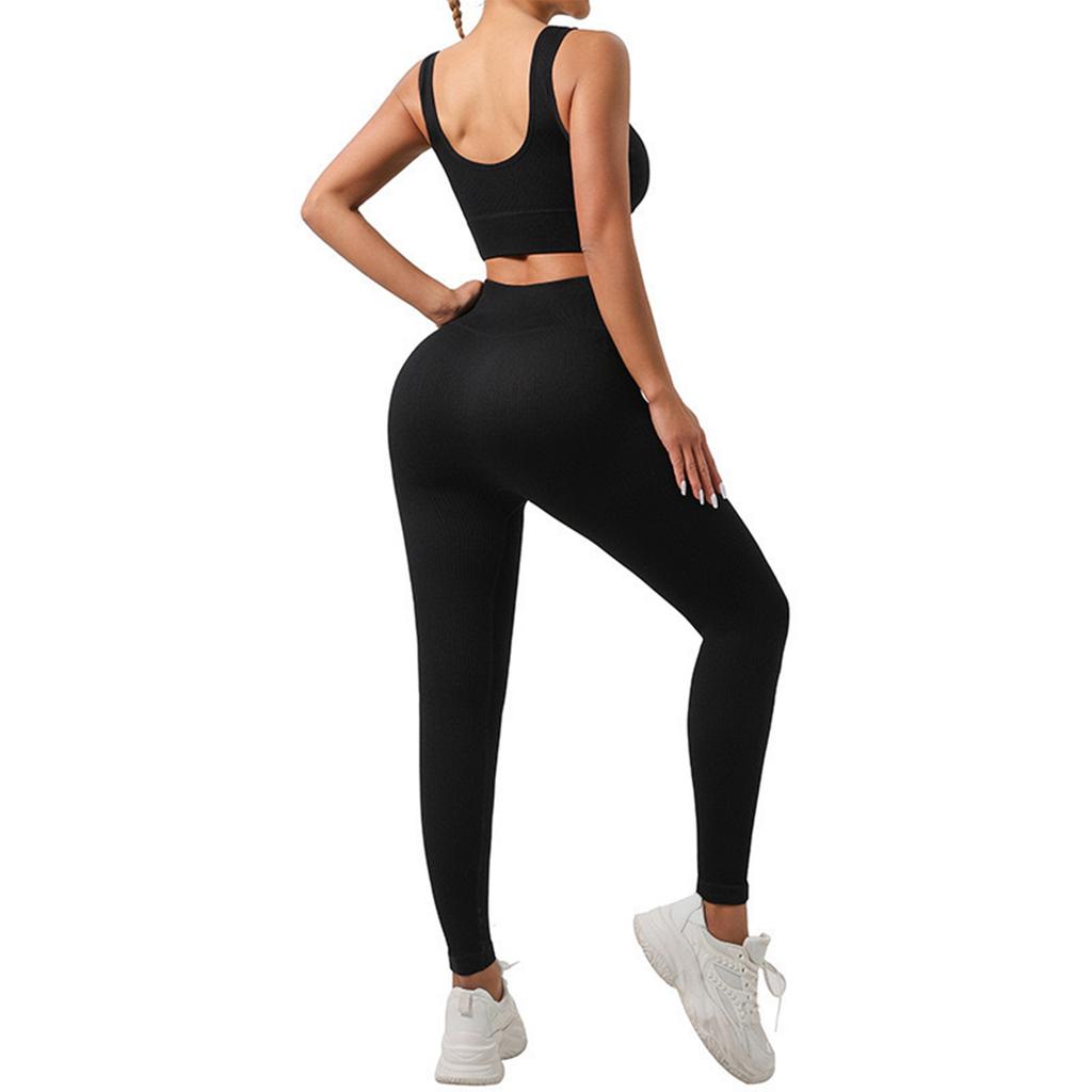 Women's Fashion U Neck Sleeveless Top High Waist Tight Fit Fitness Running Sports Pants Yoga Two Piece Set