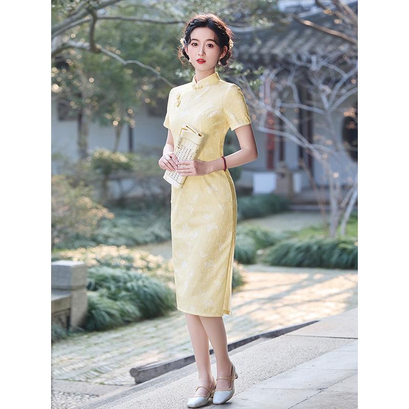 Goose Yellow High-end Temperament Cheongsam Women's New Chinese Summer Engagement Daily Wear Jacquard Dress 1011 New Models