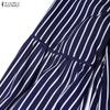 ZANZEA Women Casual Stand Collar Loose Nine Quarter Sleeve Retro Stripe Long Dress