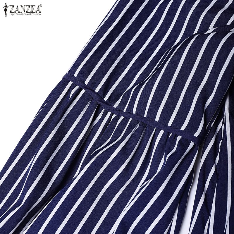 ZANZEA Women Casual Stand Collar Loose Nine Quarter Sleeve Retro Stripe Long Dress