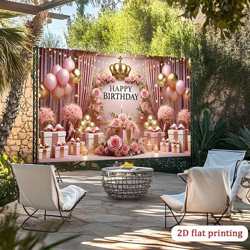 2D flat 1pc banner - Birthday Celebration Flag luxurious crown pink roses balloonszyc