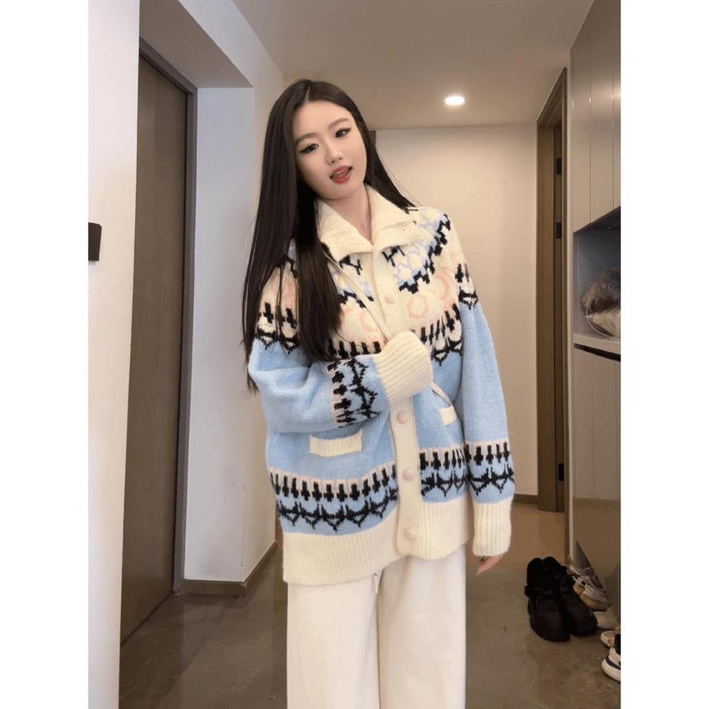 2024 Women's Fair Isle Jacquard Cardigan: Cozy Turn-Down Collar, Loose Fit for Autumn/Winter