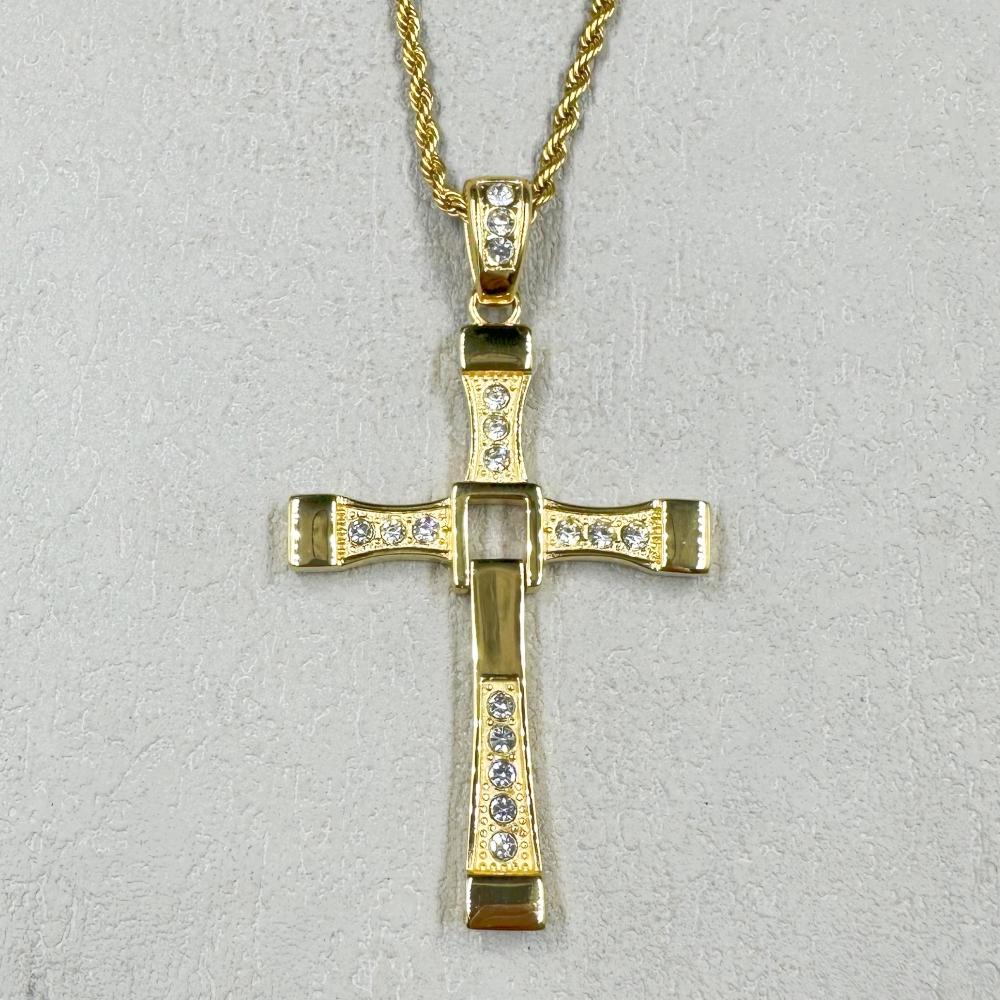 HIP hop Men/Women Cross Pendant Necklace with rhinestone Gold Color 316L Stainless Steel Necklace Popular