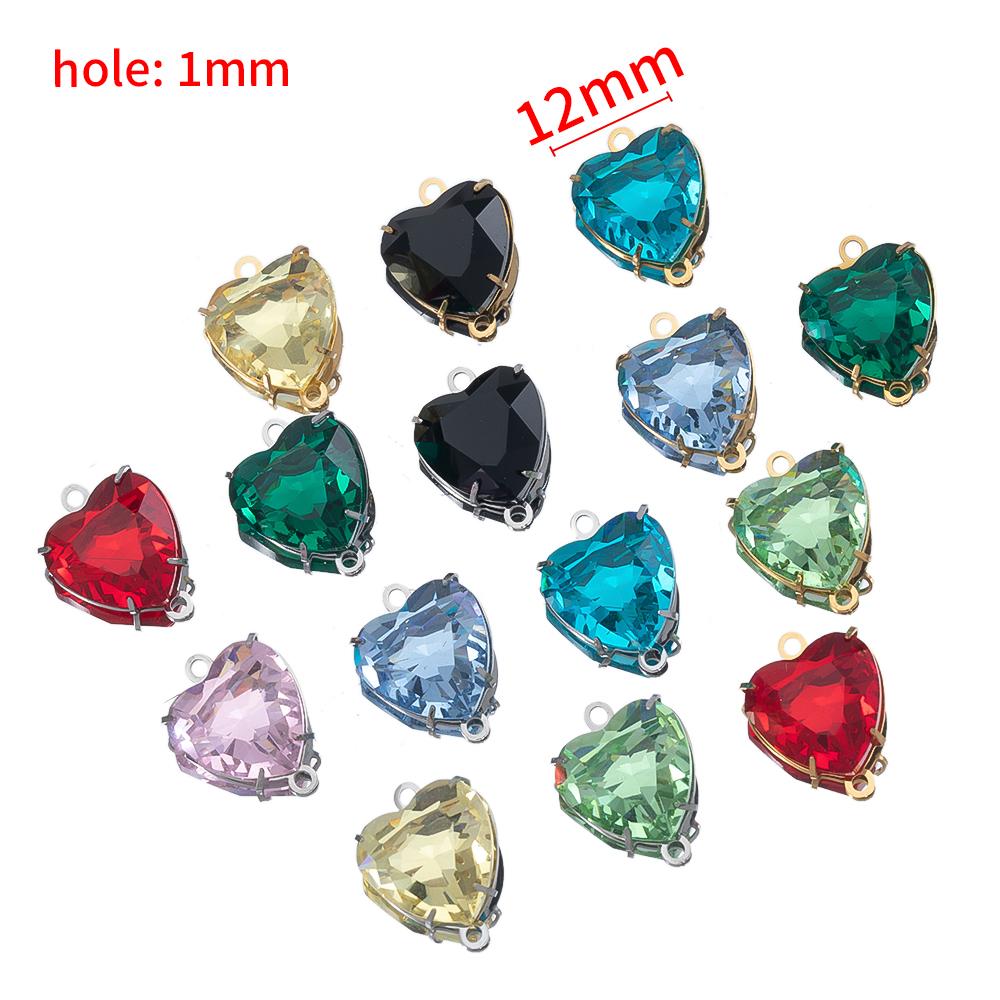 10pcs Glass Heart Pendants Base Stainless Steel Double Hole Colorful Crystal Charms Connector for DIY Necklace Jewelry Makings