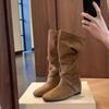 Soft Leather Version~ Height Increase 6cm Soft Leather Round Head Thin Medium Boots Women's Autumn and Winter New Soft Pleated Long Tube Stacking Boot