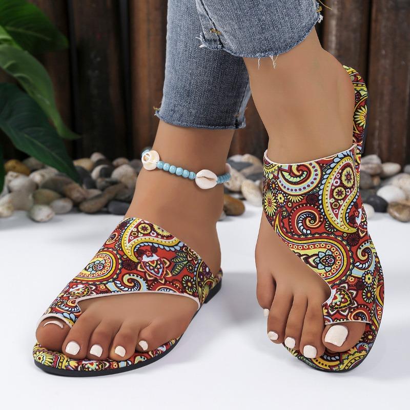 

Модные женские летние шлепанцы большого размера 2025 с открытым носком, повседневные, с принтом, на плоской подошве, сандалии-вьетнамки для комфортной повседневной носки на пляже 43 красный