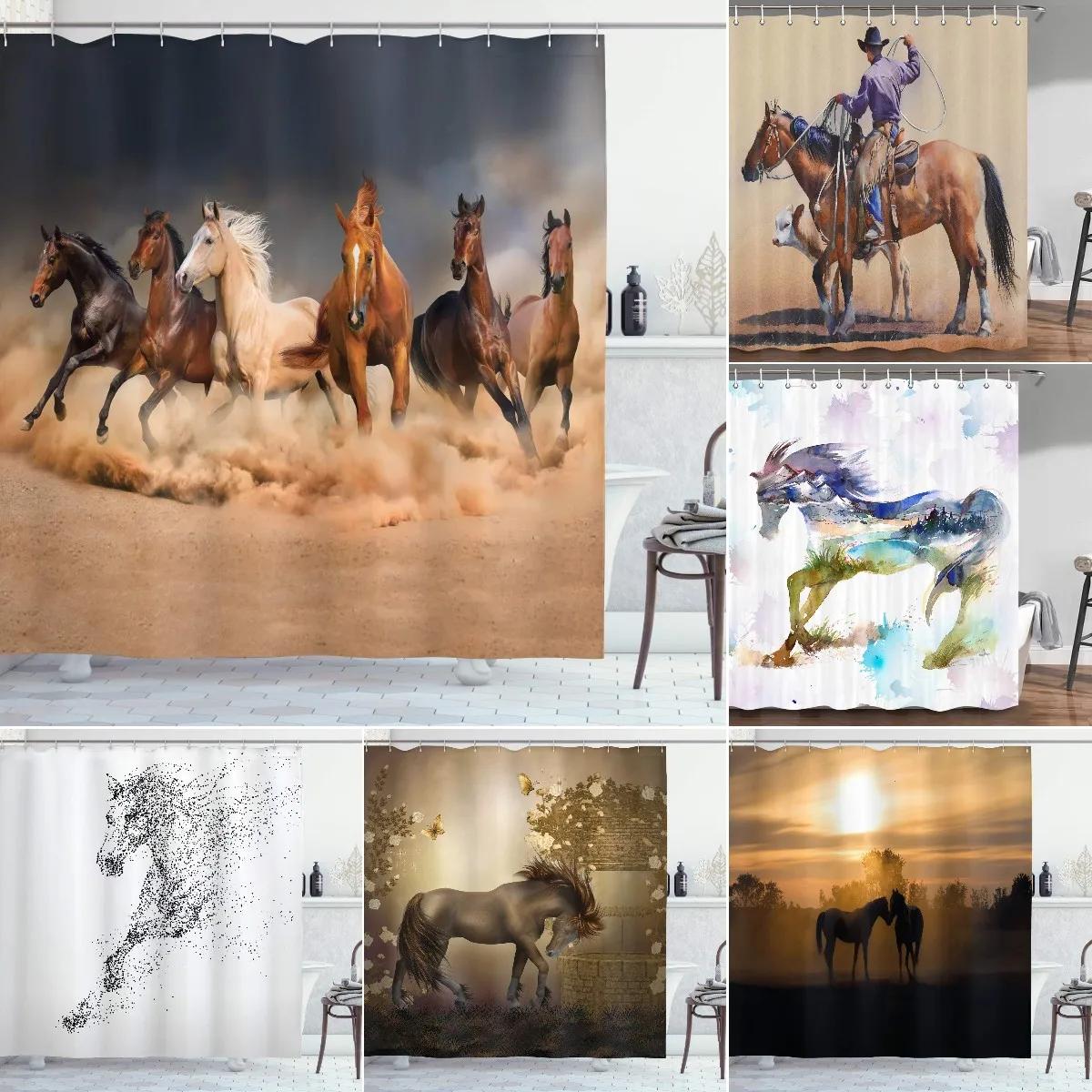Dunika Chen Horse Shower Curtain Western Masculine Horses Run In Farm Field Animal Farmhouse Bath Curtain Waterproof Polyester Fabric Decor