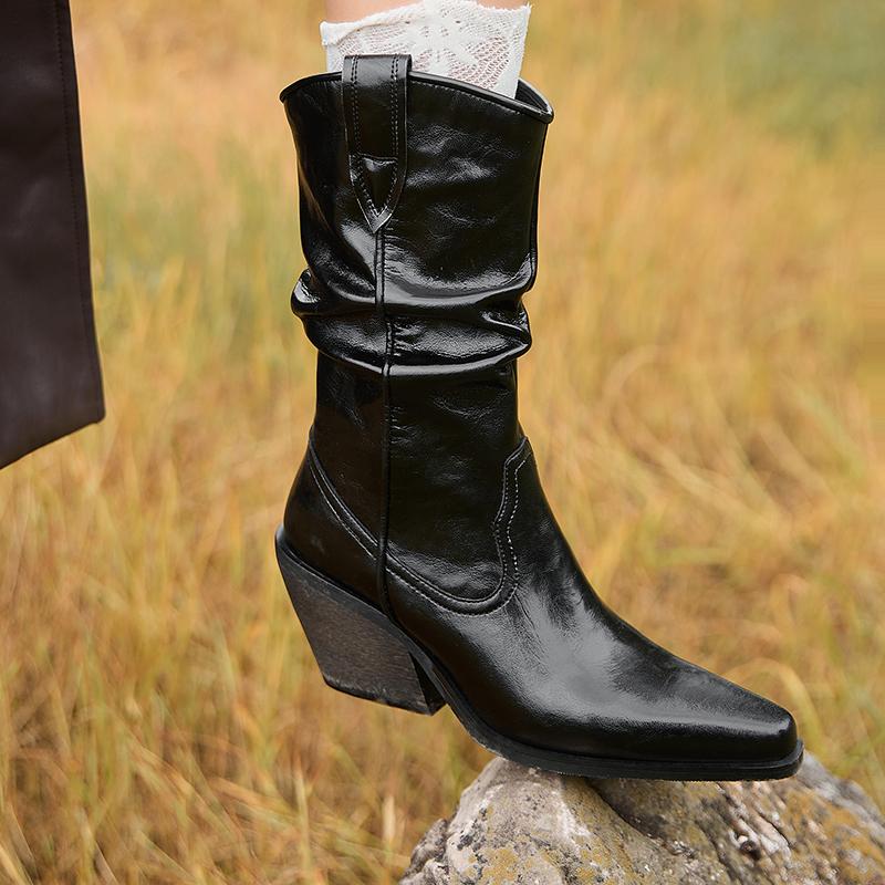 Fashion 2024 New Autumn/Winter Women Boots Genuine Leather Women Shoes Pointed Toe Chunky Heel Modern Cow Suede Western Boots