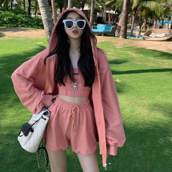 GMXIA Spring and Summer Fashionable, Casual, Youthful Fitness, Running, Hoodie and Shorts Three-piece Sportswear Set for Women