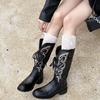 Famous Style~ Retro Embroidery Bow Lace-Up Western Cowboy Boots Women's V-Buckle Versatile Skinny Thick Heel Fashion Boots