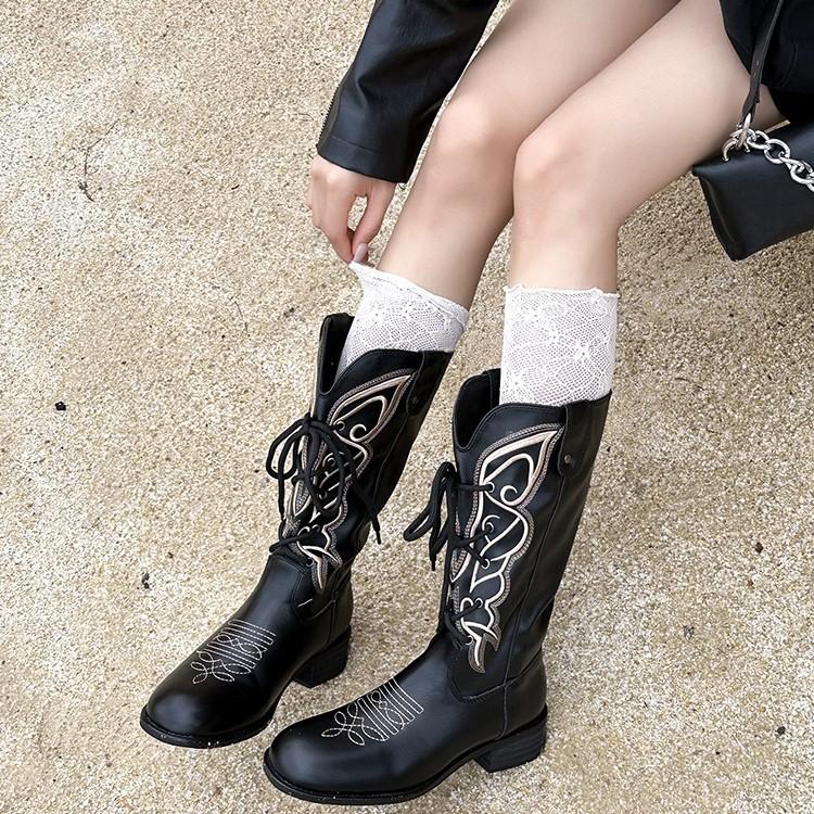 Famous Style~ Retro Embroidery Bow Lace-Up Western Cowboy Boots Women's V-Buckle Versatile Skinny Thick Heel Fashion Boots