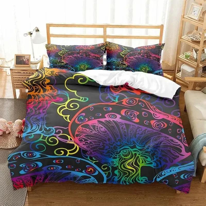 TOP New Colorful Mushroom Duvet Cover Microfiber Mandala Pattern Bedding Set Bohemian Magic Mushroom Quilt Cover