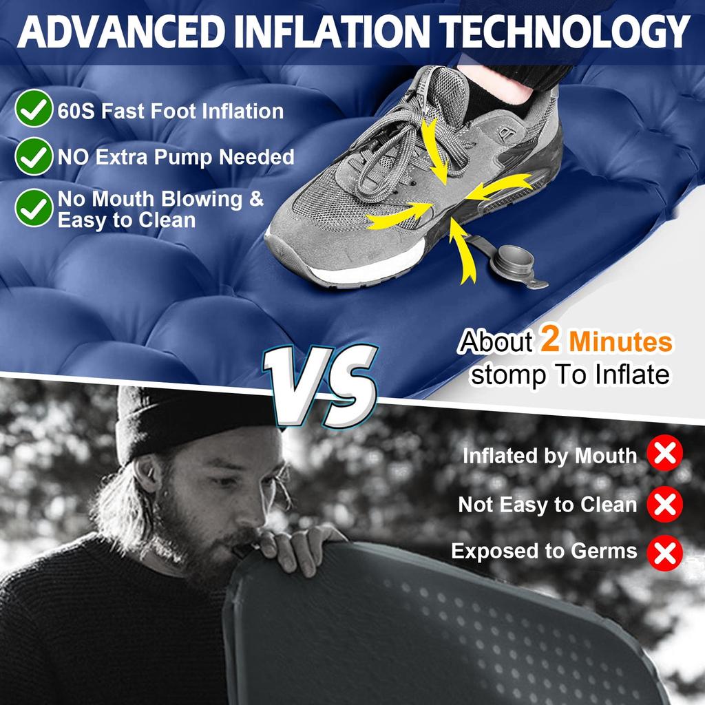 Double Sleeping Pad for 2 Person, Thick Inflatable Camping Mat with Built-in Foot Pump & Pillow, Compact Air Mattress for Hiking, Backpacking, Tent