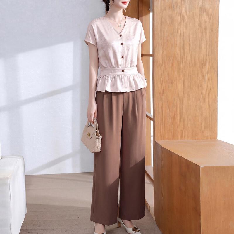 Women s Elegant Summer Chiffon Short-Sleeve Top Set XL