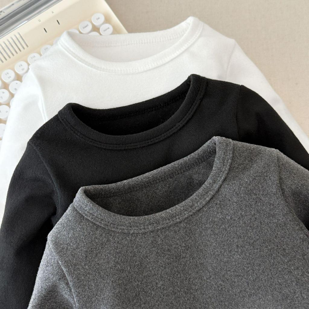 Children's Solid Color Warm Two-Piece Set for Autumn/Winter - Base Layer Shirt and Home Wear for Boys and Girls
