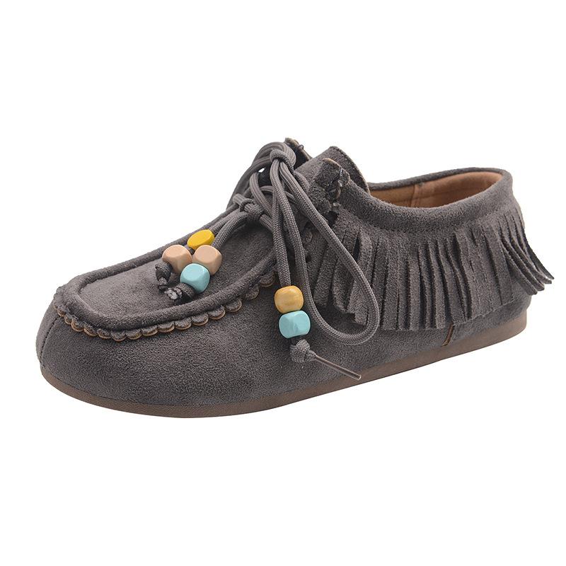 Retro tassel beaded women's new versatile comfortable lazy one-pedal casual kangaroo shoes