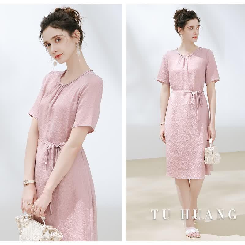 TUHUANG 19 Momme Mulberry Silk Round Neck Dress