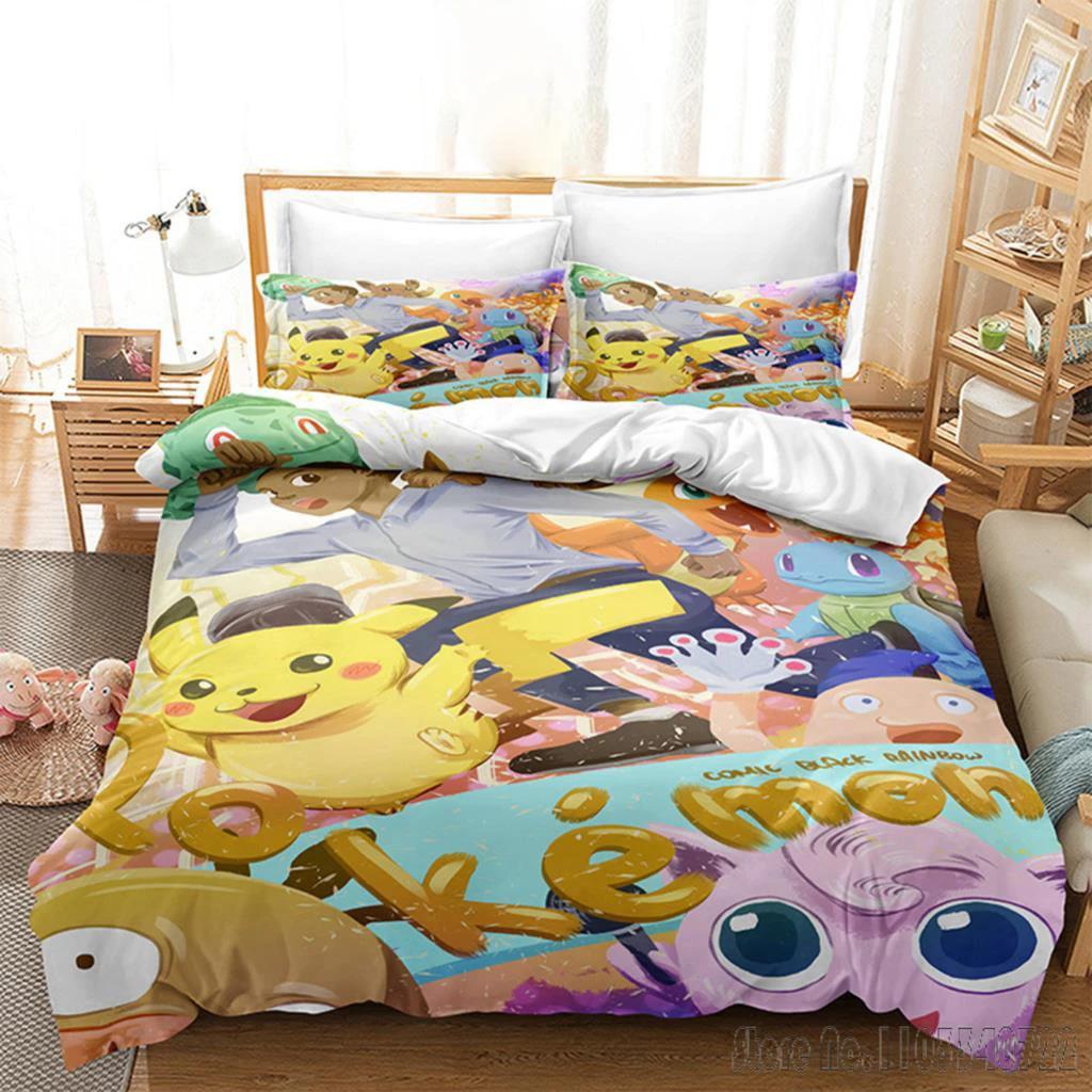 Pokemon Bedding Set Cartoon Anime Children Bedroom Quilt Boy Girl Bedclothes Single Double King Pikachu Duvet Cover Gift