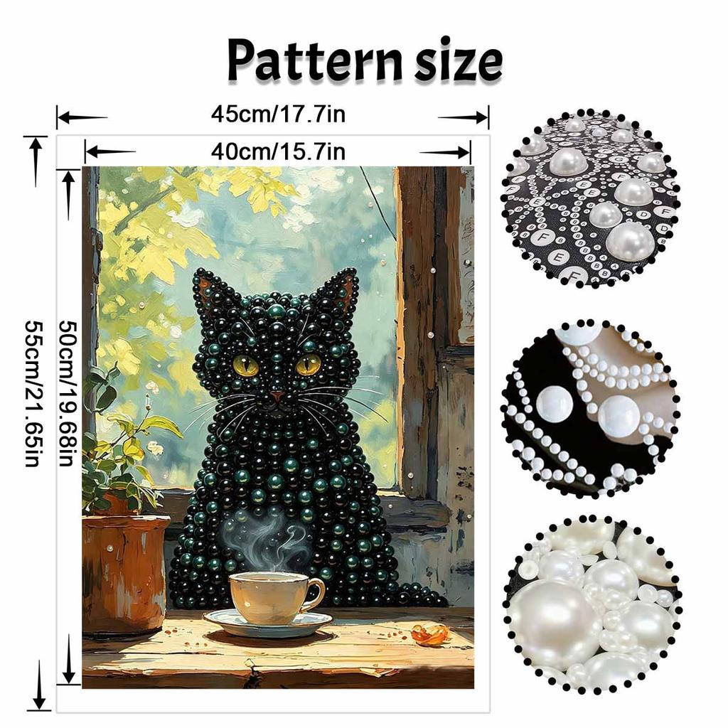 DIY Framed Pearl Bead Art Kit Black Cat Coffee Cup Pattern Sparkling Canvas Painting Set Relaxing Handmade Craft Gift Decor Home Supplies