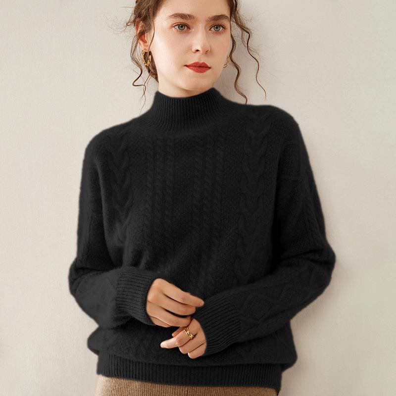 Women's 2025 Cashmere Cable Knit Pullover: Heavyweight, Half-High Collar, Loose, Slimming Sweater.
