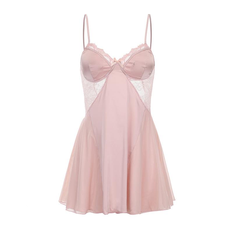 Plus Size Women’s Sexy Lace Nightgown Satin Sleep Dress Deep V Backless Cami Nightdress with Built-In Padding