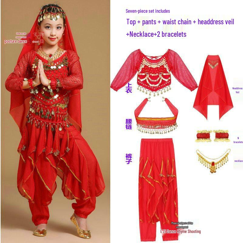 Costume da Danza Indiana per Bambini: Costume per Esibizione di Danza del Ventre e Minoranze dello Xinjiang per Bambina