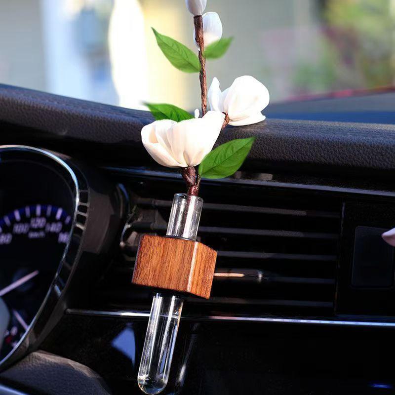 2/6Pcs Stable Mini Car Flower Vase Clip Elegant Adjustable Car Vent Flower Vase Walnut And Plastic Creative Car Vent Decor
