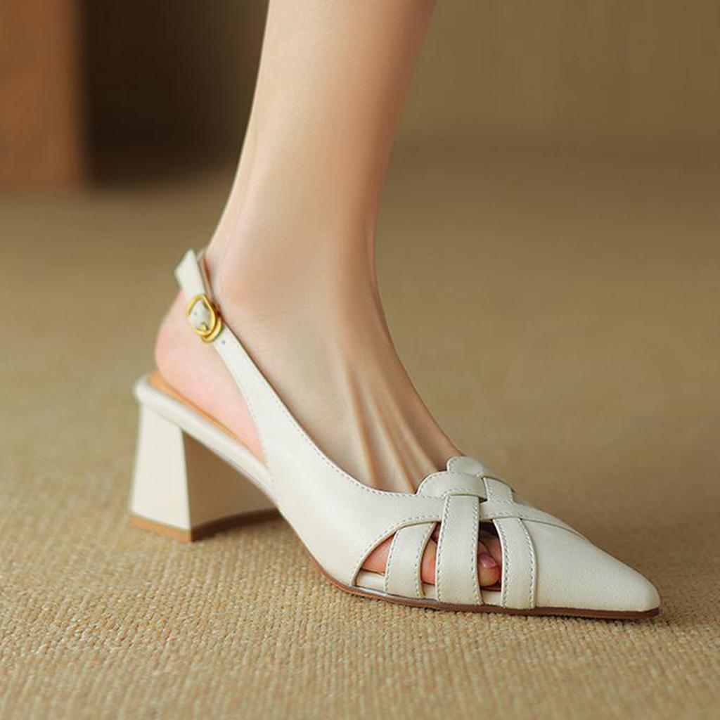 Krazing Pot Full Grain Leather Pointed Toe Med Heels Autumn Buckle Straps Summer Shoes Women Slingback Pumps