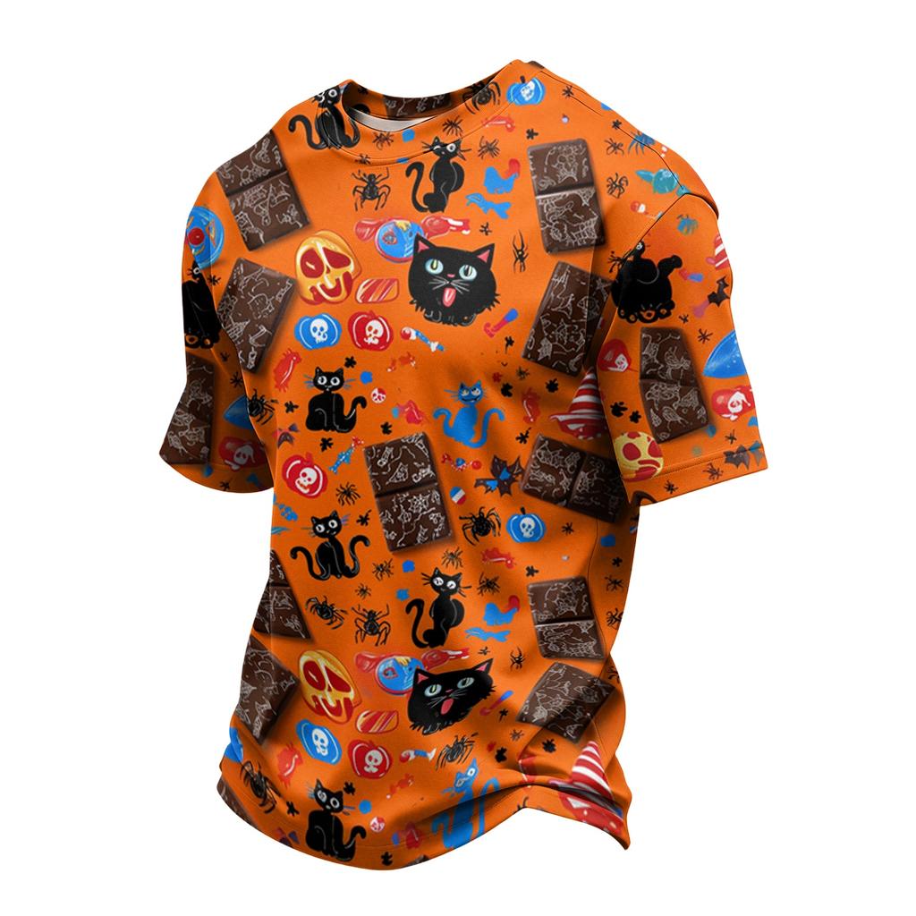 Men's Lightweight Crew Neck Quick Dry Mesh Breathable Short Sleeve Shirt with Halloween Pumpkin Print for Casual Wear