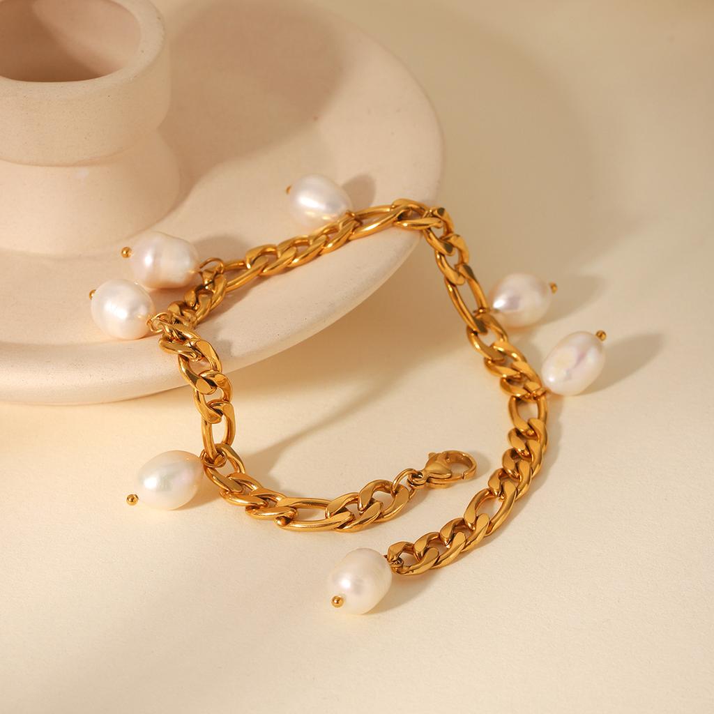 Natural Freshwater Pearl Anklet Stainless Steel Figaro Chain 18K Gold Plated Anklet Titanium Steel Fade-resistant
