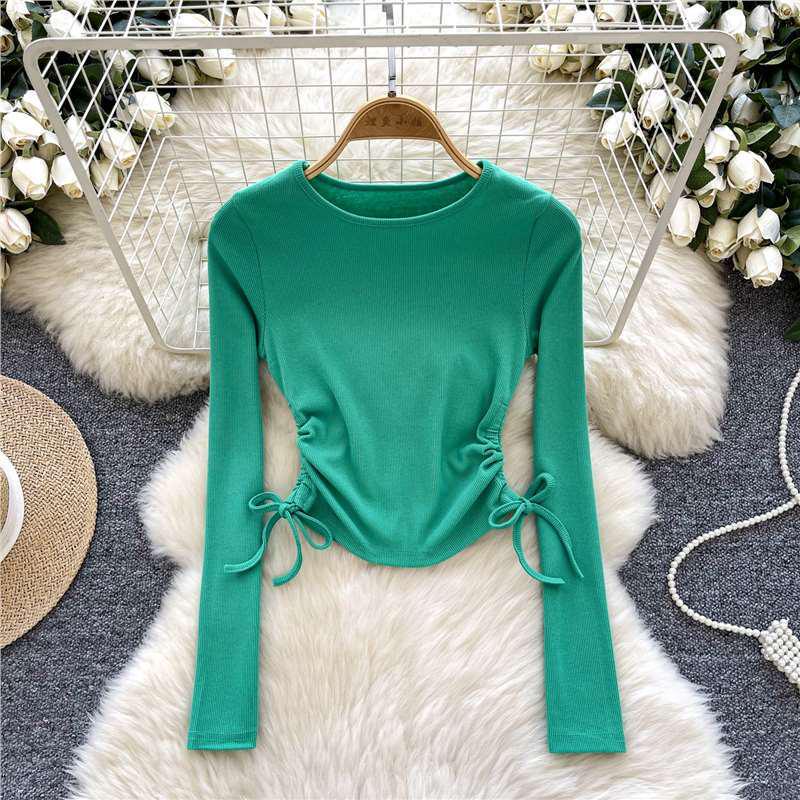 

Сладкая и острая женская приталенная футболка с кулиской сбоку - Круглый вырез, Длинный рукав, Универсальный стиль One Size